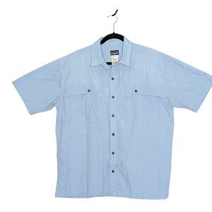 Patagonia Shirt Sz LARGE Short Sleeve Micro Squares Cyan Blue Button Up Gorpcore